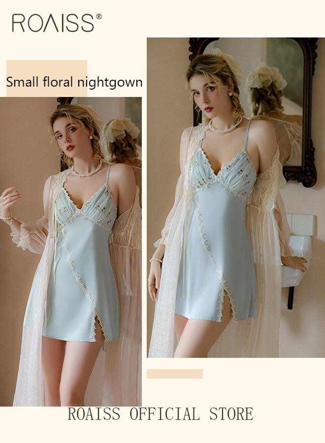 2-Piece Set of Women Pajamas with V-Neck Design Women Home Wear Set Same Color Outer Robe and Lace Element Nightgown