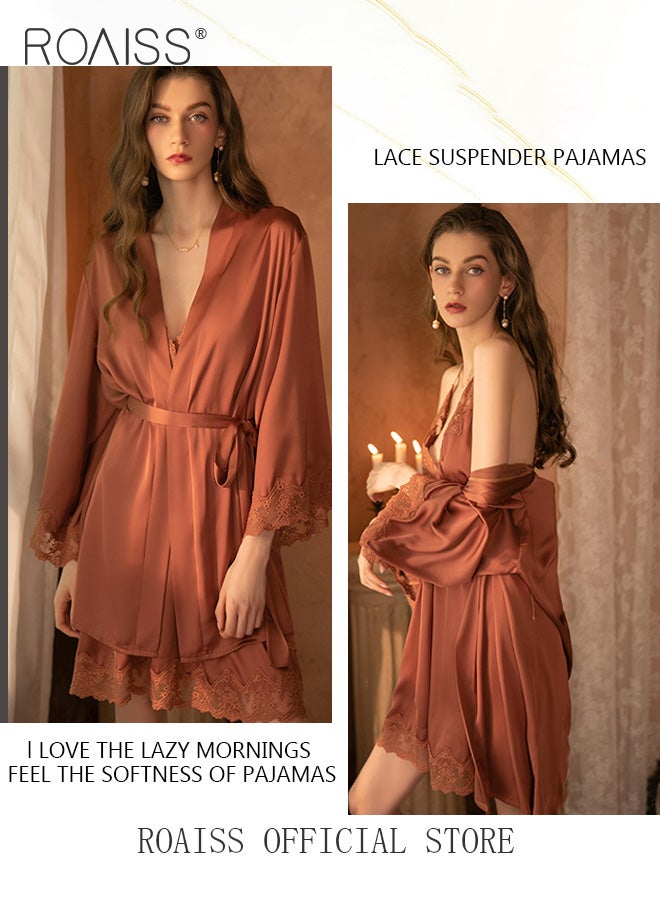 2-Piece Set of Women Pajamas with V-Neck Design Women Home Wear Set Same Color Outer Robe and Lace Element Nightgown