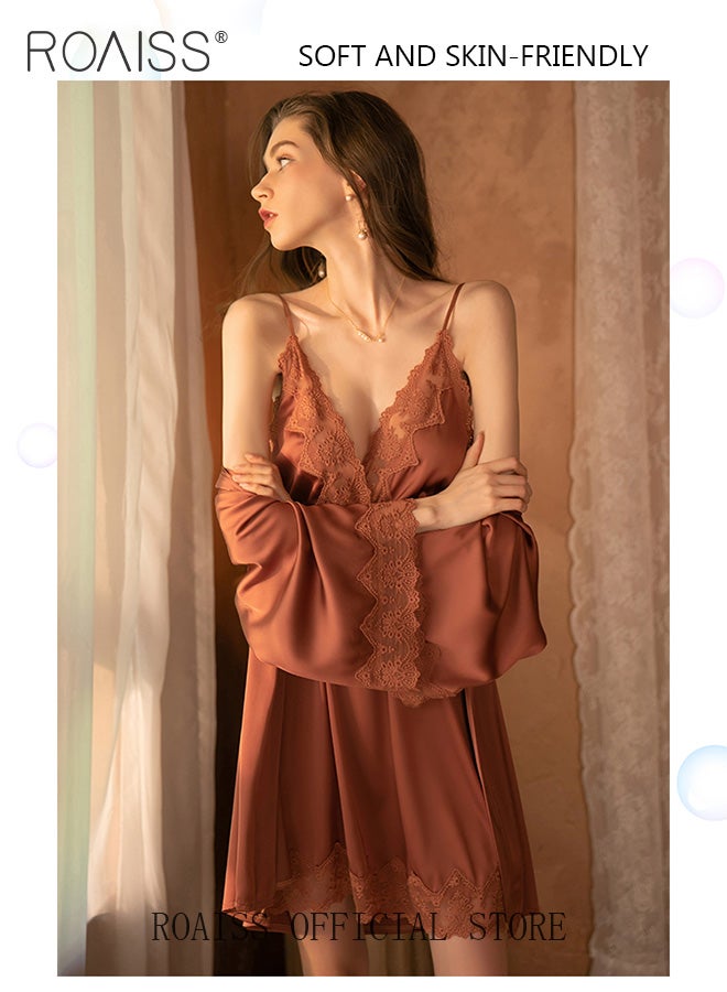 2-Piece Set of Women Pajamas with V-Neck Design Women Home Wear Set Same Color Outer Robe and Lace Element Nightgown