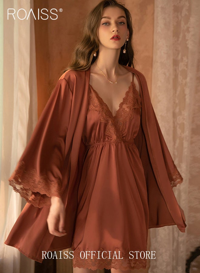 2-Piece Set of Women Pajamas with V-Neck Design Women Home Wear Set Same Color Outer Robe and Lace Element Nightgown