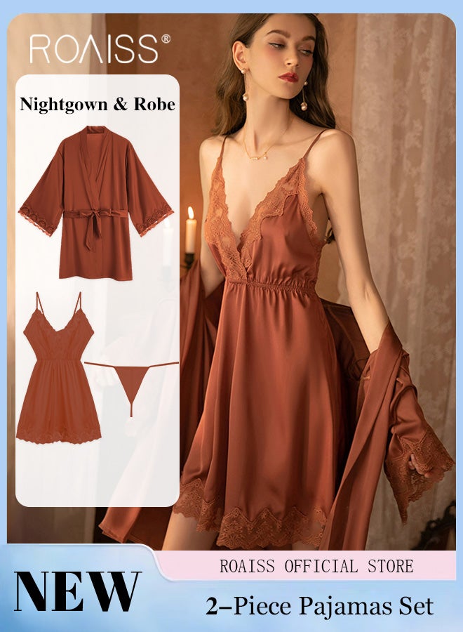 2-Piece Set of Women Pajamas with V-Neck Design Women Home Wear Set Same Color Outer Robe and Lace Element Nightgown