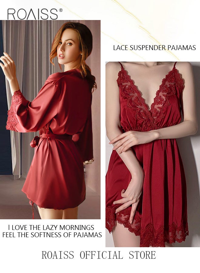 2-Piece Set of Women Pajamas with V-Neck Design Women Home Wear Set Same Color Outer Robe and Lace Element Nightgown