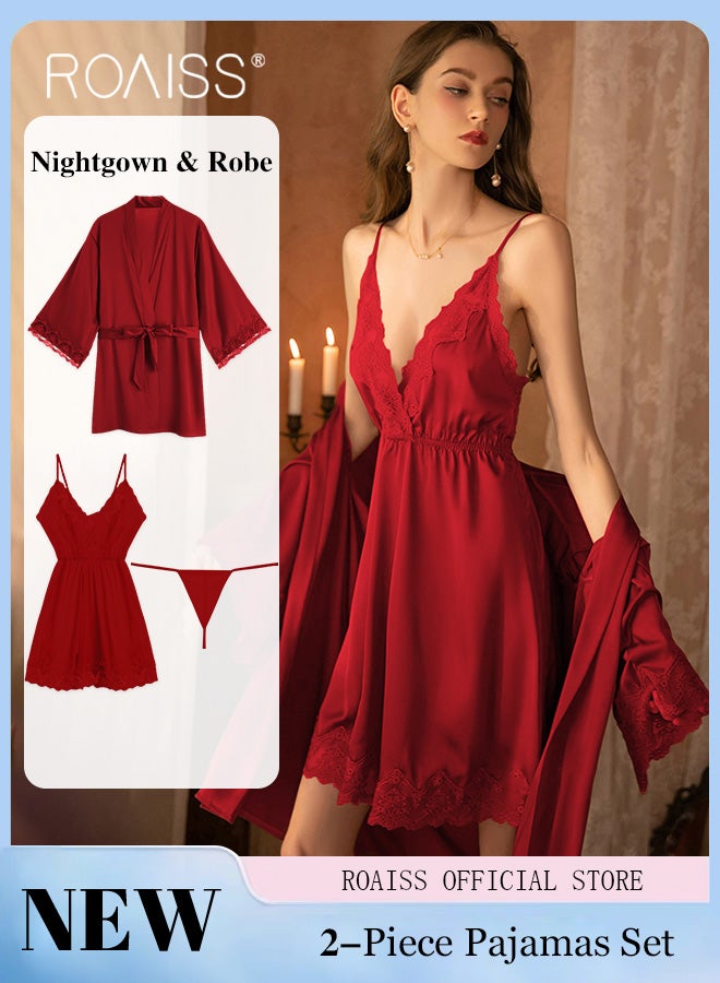 2-Piece Set of Women Pajamas with V-Neck Design Women Home Wear Set Same Color Outer Robe and Lace Element Nightgown