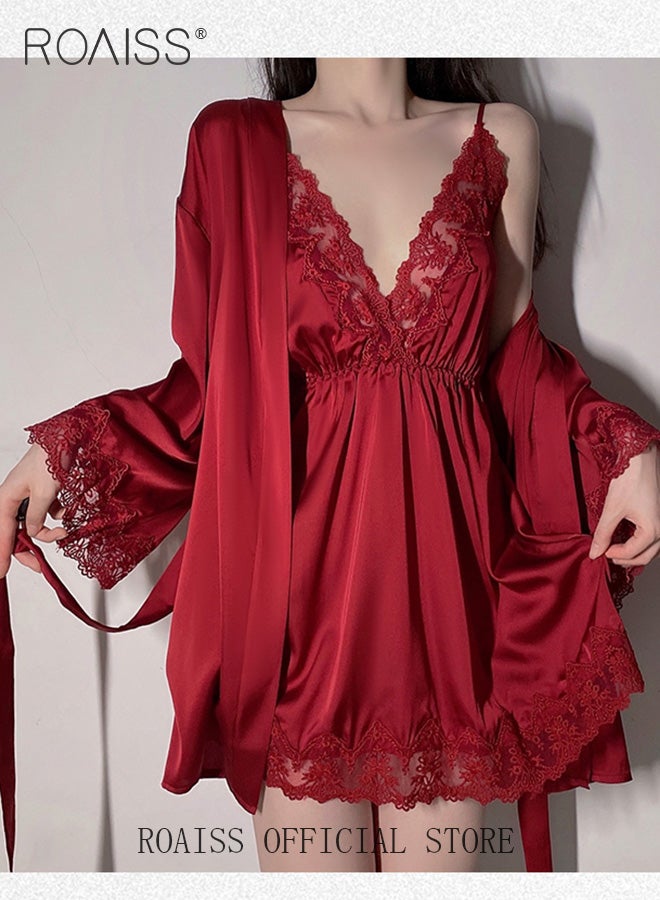 2-Piece Set of Women Pajamas with V-Neck Design Women Home Wear Set Same Color Outer Robe and Lace Element Nightgown