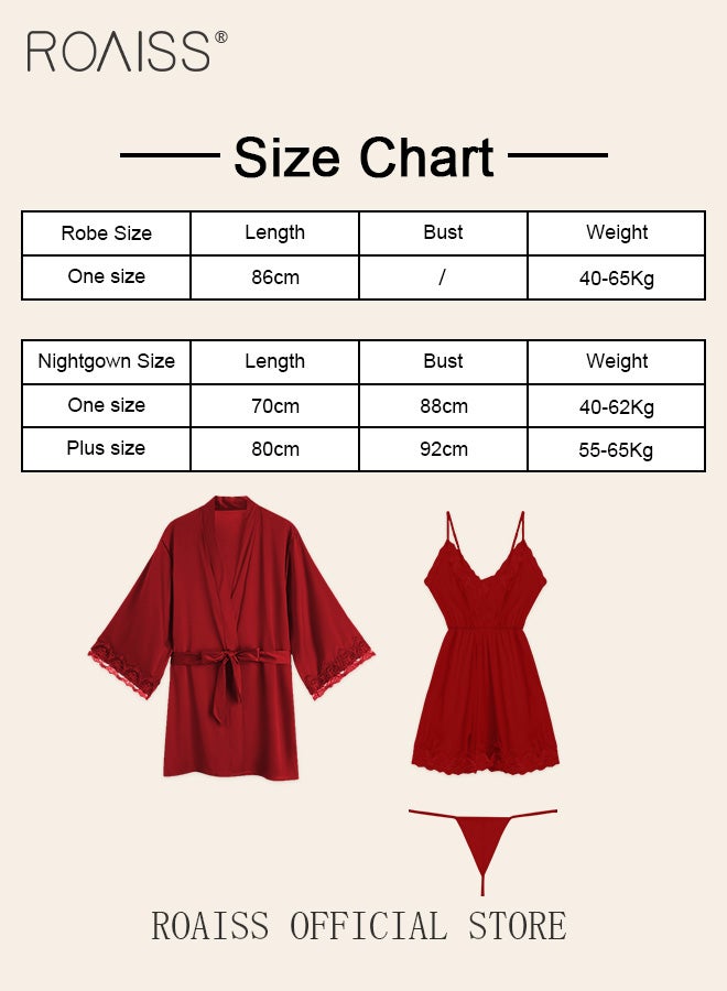 2-Piece Set of Women Pajamas with V-Neck Design Women Home Wear Set Same Color Outer Robe and Lace Element Nightgown