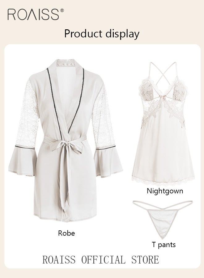 2-Piece Set of Women Pajamas with V-Neck Design Women Home Wear Set Same Color Outer Robe and Lace Element Nightgown