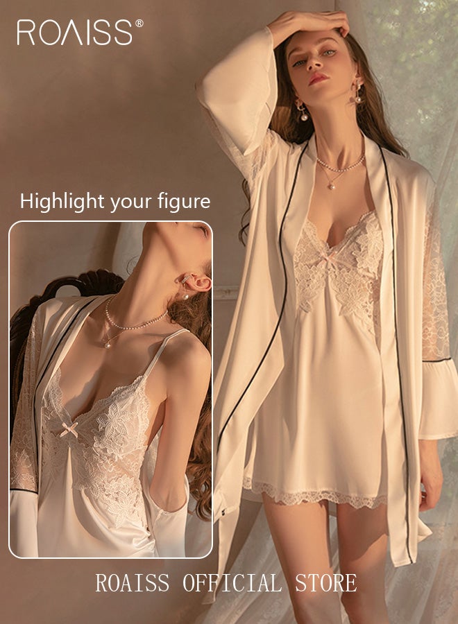 2-Piece Set of Women Pajamas with V-Neck Design Women Home Wear Set Same Color Outer Robe and Lace Element Nightgown