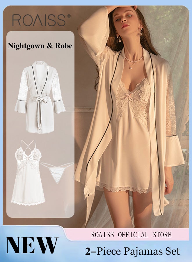 2-Piece Set of Women Pajamas with V-Neck Design Women Home Wear Set Same Color Outer Robe and Lace Element Nightgown