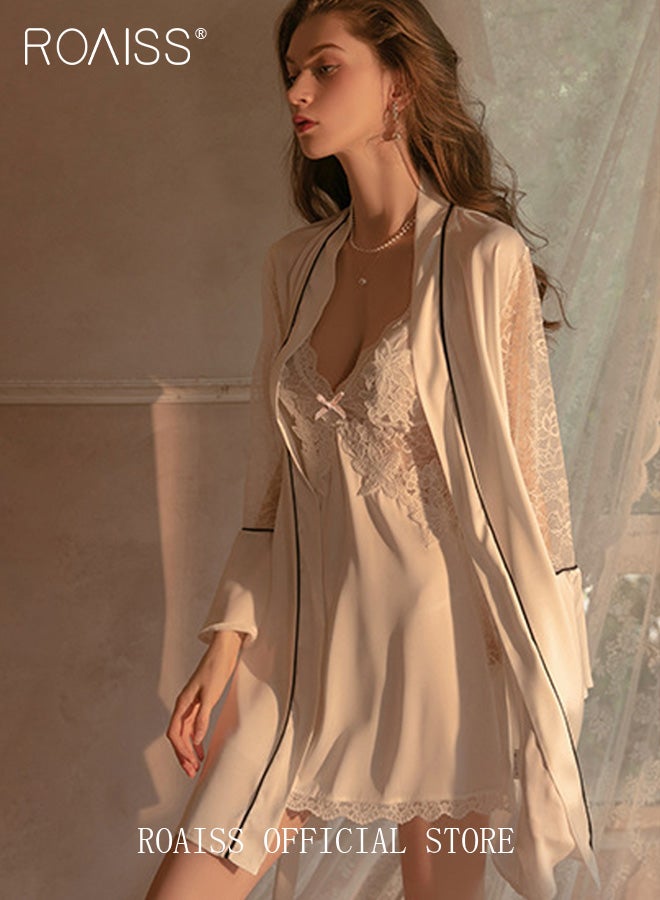 2-Piece Set of Women Pajamas with V-Neck Design Women Home Wear Set Same Color Outer Robe and Lace Element Nightgown