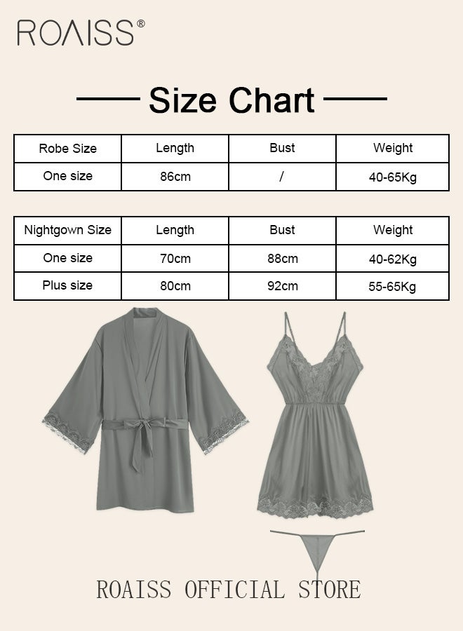 2-Piece Set of Women Pajamas with V-Neck Design Women Home Wear Set Same Color Outer Robe and Lace Element Nightgown