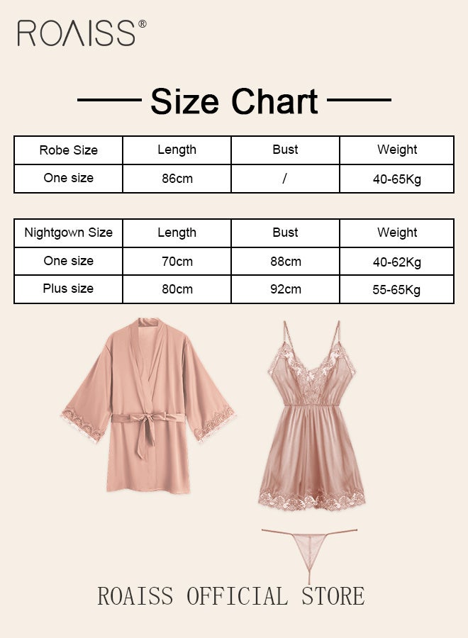 2-Piece Set of Women Pajamas with V-Neck Design Women Home Wear Set Same Color Outer Robe and Lace Element Nightgown