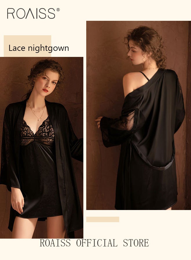 2-Piece Set of Women Pajamas with V-Neck Design Women Home Wear Set Same Color Outer Robe and Lace Element Nightgown