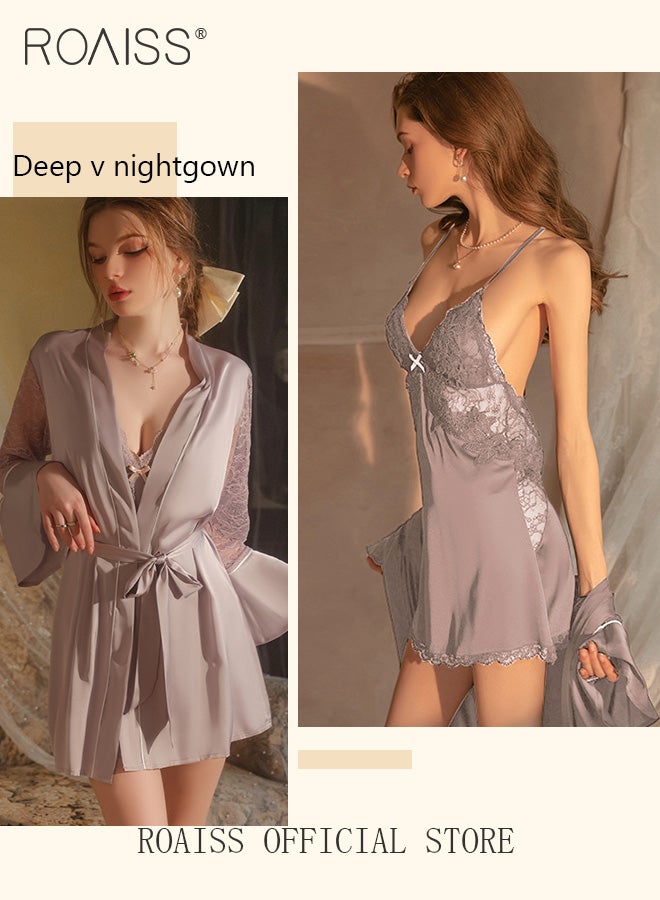 2-Piece Set of Women Pajamas with V-Neck Design Women Home Wear Set Same Color Outer Robe and Lace Element Nightgown