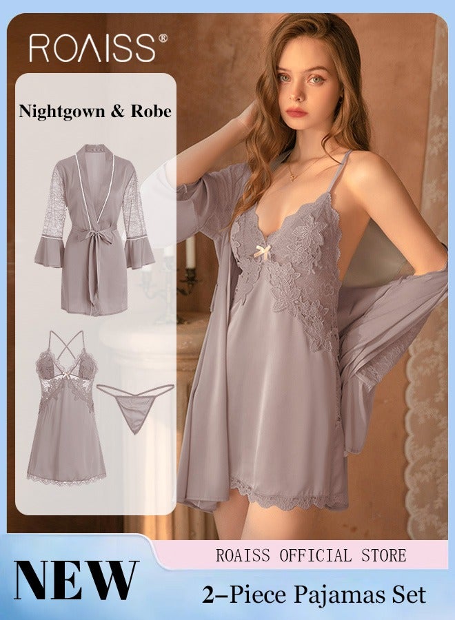 2-Piece Set of Women Pajamas with V-Neck Design Women Home Wear Set Same Color Outer Robe and Lace Element Nightgown