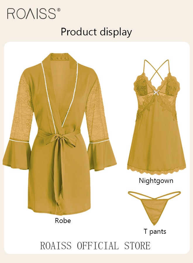 2-Piece Set of Women Pajamas with V-Neck Design Women Home Wear Set Same Color Outer Robe and Lace Element Nightgown