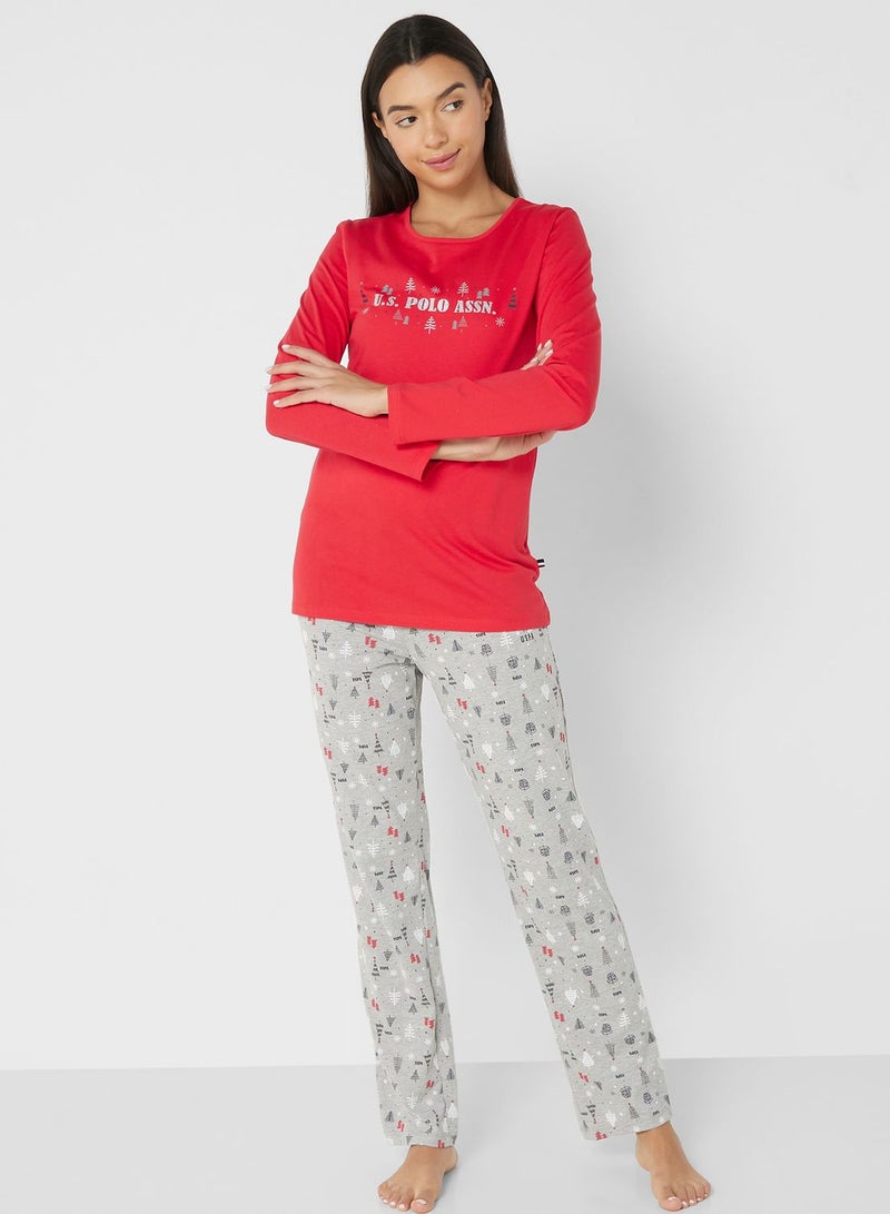 Crew Neck Graphic T-Shirt And Pyjamas Set