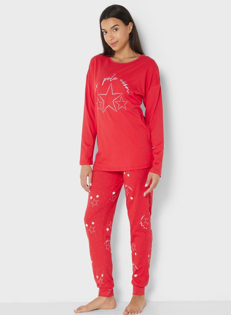 Crew Neck Logo T-Shirt And Printed Pyjama Set