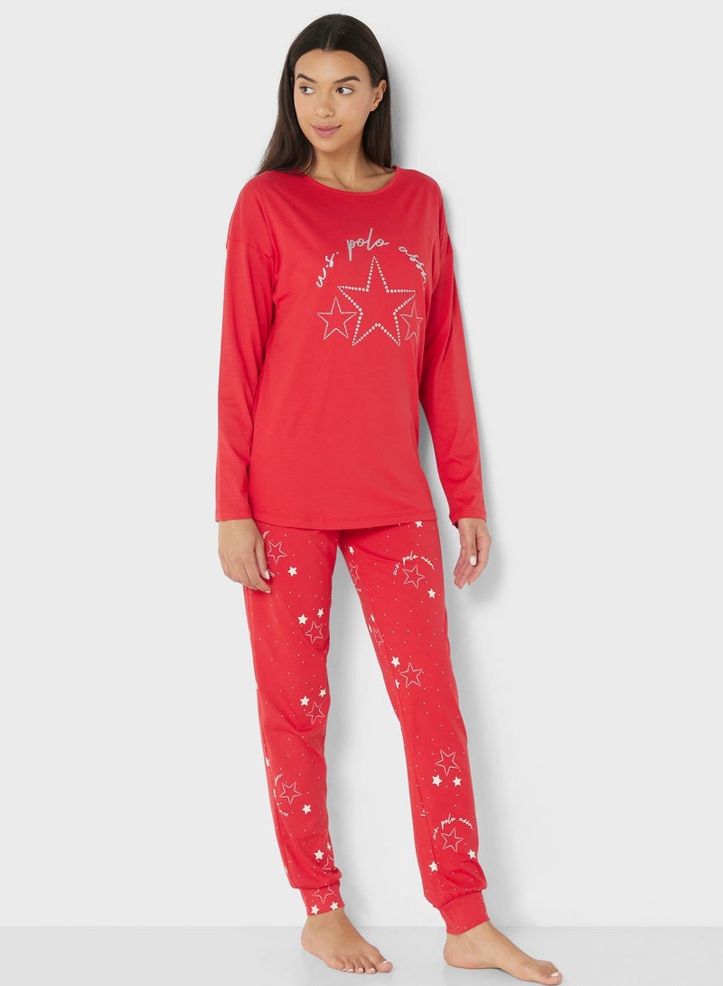 Crew Neck Logo T-Shirt And Printed Pyjama Set