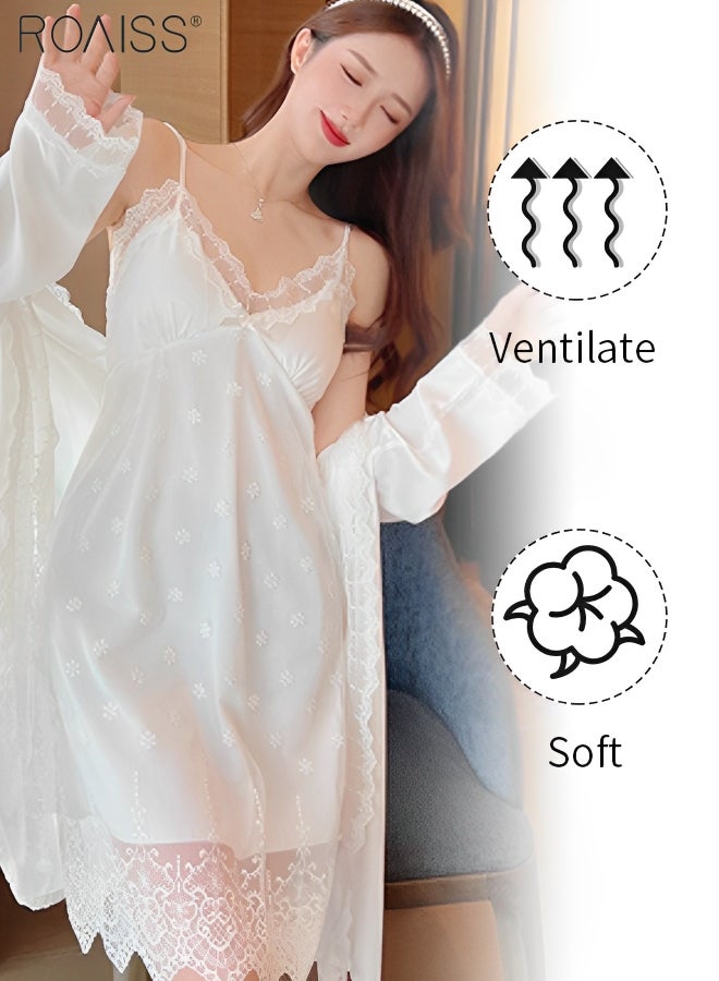 2-Piece Women's Satin Lace Nightgown Padded Thin Shoulder Strap Pajama Dress Comfortable and Breathable Long Sleeved Night-Robe