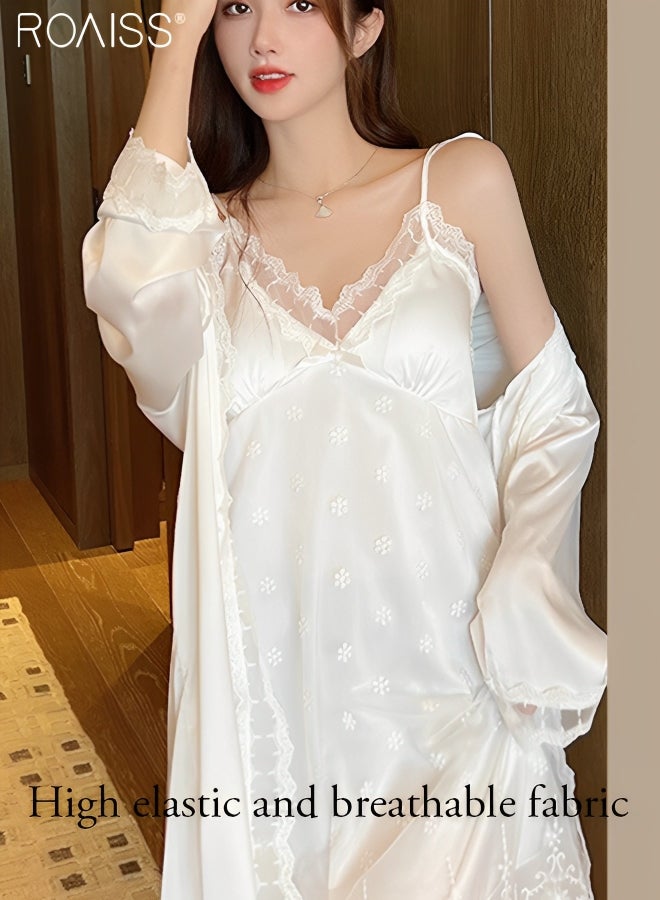 2-Piece Women's Satin Lace Nightgown Padded Thin Shoulder Strap Pajama Dress Comfortable and Breathable Long Sleeved Night-Robe