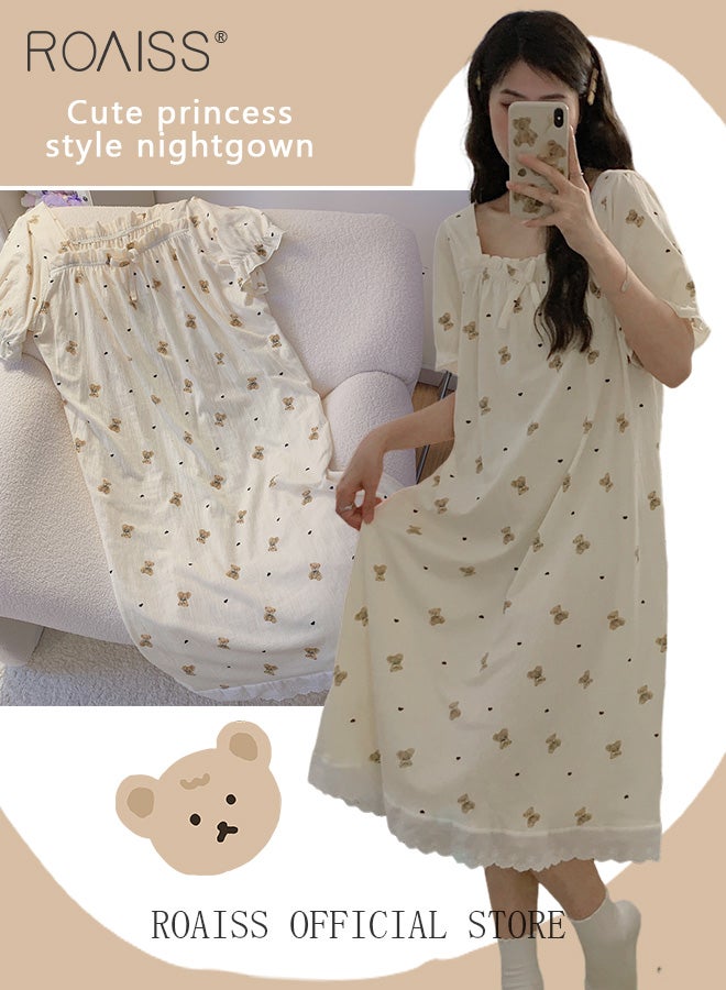 Sweet Cute Nightdress for Women Girls Little Bear Print Nightgown with Lace Trim Summer Thin Short Sleeved Loose Lounge Cotton Pajamas Midi Dress