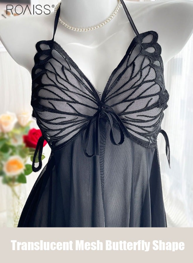 2 Piece Lace Butterfly Wing Sleeping Skirt Set Hanging Neck Thin Shoulder Strap With Underwear Pajama Set