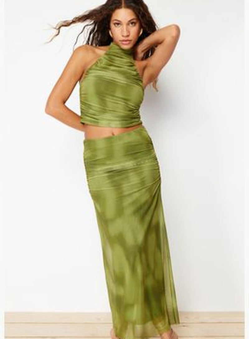 Green Draped Halter Neck Fitted/Situated Tulle Knit Knitted Blouse TWOSS24BZ00062