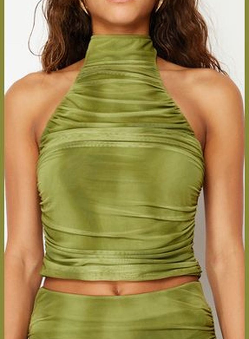 Green Draped Halter Neck Fitted/Situated Tulle Knit Knitted Blouse TWOSS24BZ00062