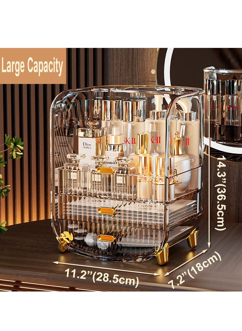 Large Capacity Cosmetics Makeup Organizer for Vanity, Dustproof Waterproof Cosmetics Display Case with Drawers for Skincare, Lipstick, Brushes and Jewelry (Clear)