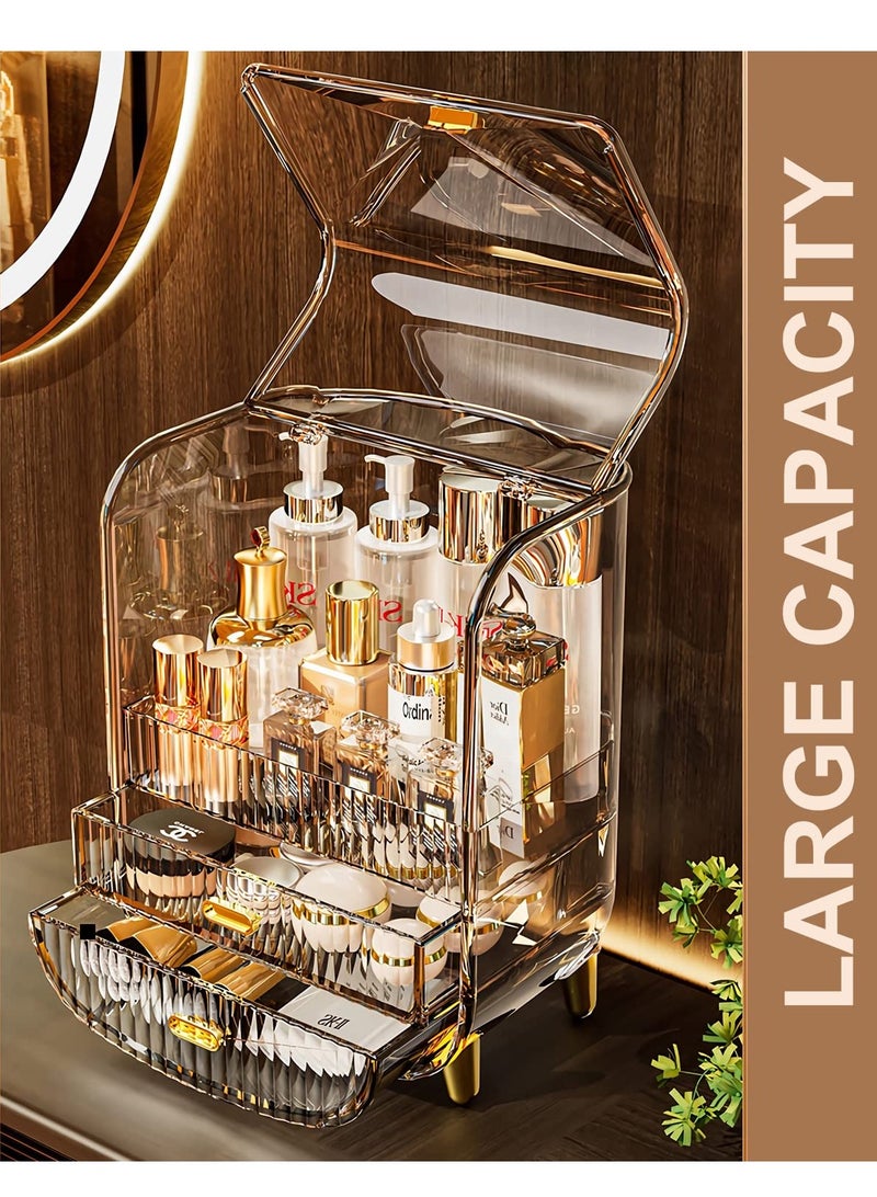 Large Capacity Cosmetics Makeup Organizer for Vanity, Dustproof Waterproof Cosmetics Display Case with Drawers for Skincare, Lipstick, Brushes and Jewelry (Clear)