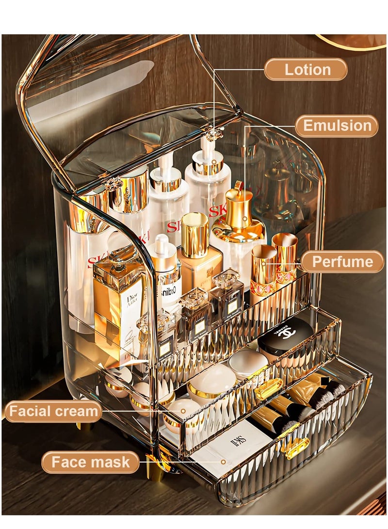 Large Capacity Cosmetics Makeup Organizer for Vanity, Dustproof Waterproof Cosmetics Display Case with Drawers for Skincare, Lipstick, Brushes and Jewelry (Clear)