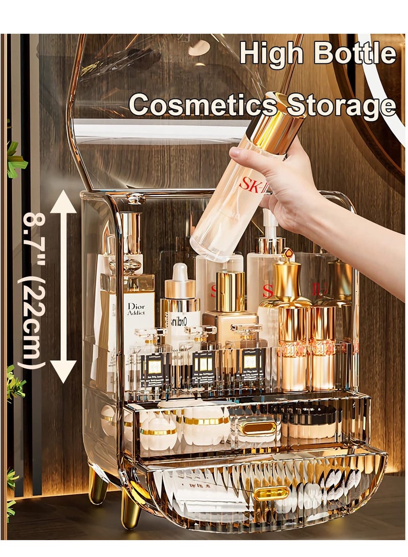 Large Capacity Cosmetics Makeup Organizer for Vanity, Dustproof Waterproof Cosmetics Display Case with Drawers for Skincare, Lipstick, Brushes and Jewelry (Clear)