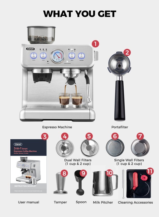 Barista Pro Espresso Machine With Dual Heating System 20 Bar Espresso Coffee Bean To Cup Coffee Machine For Home Office And Small Cafe Silver 2.8L