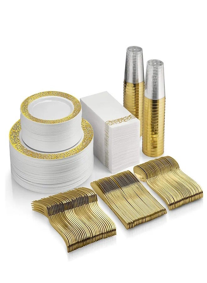 175 Pieces Gold and White Disposable Dinnerware Set for Party Birthday Festival Celebration