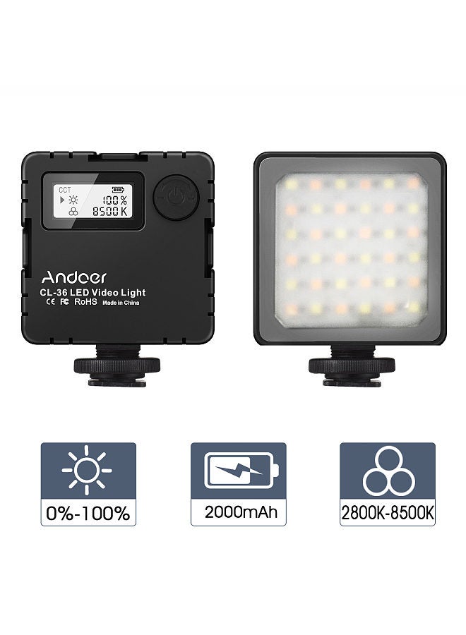 Andoer CL-36 Mini Bi-color LED Video Light 2800K-8500K Dimmable Built-in Rechargeable Battery with 3 Cold Shoe Mounts LCD Display Vlog Fill Light for DSLR Camera