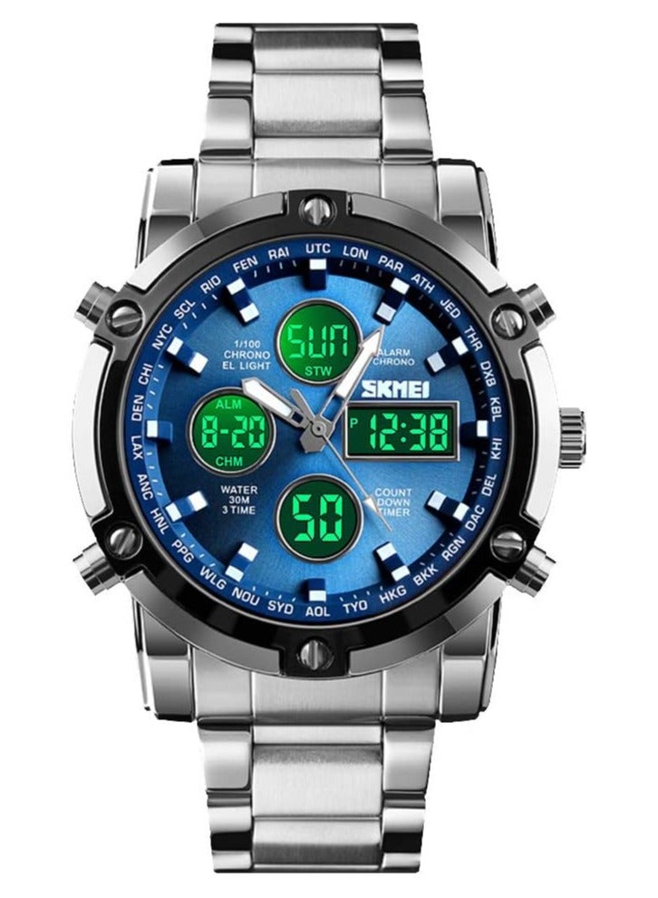 SKMEI Mens Wrist Watch, Waterproof Military Analog Digital Watches with LED Multi Time Chronograph, Stainless Steel Business Watches for Men