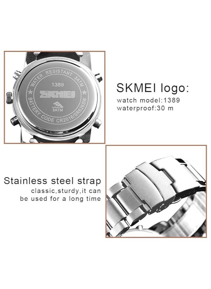 SKMEI Mens Wrist Watch, Waterproof Military Analog Digital Watches with LED Multi Time Chronograph, Stainless Steel Business Watches for Men