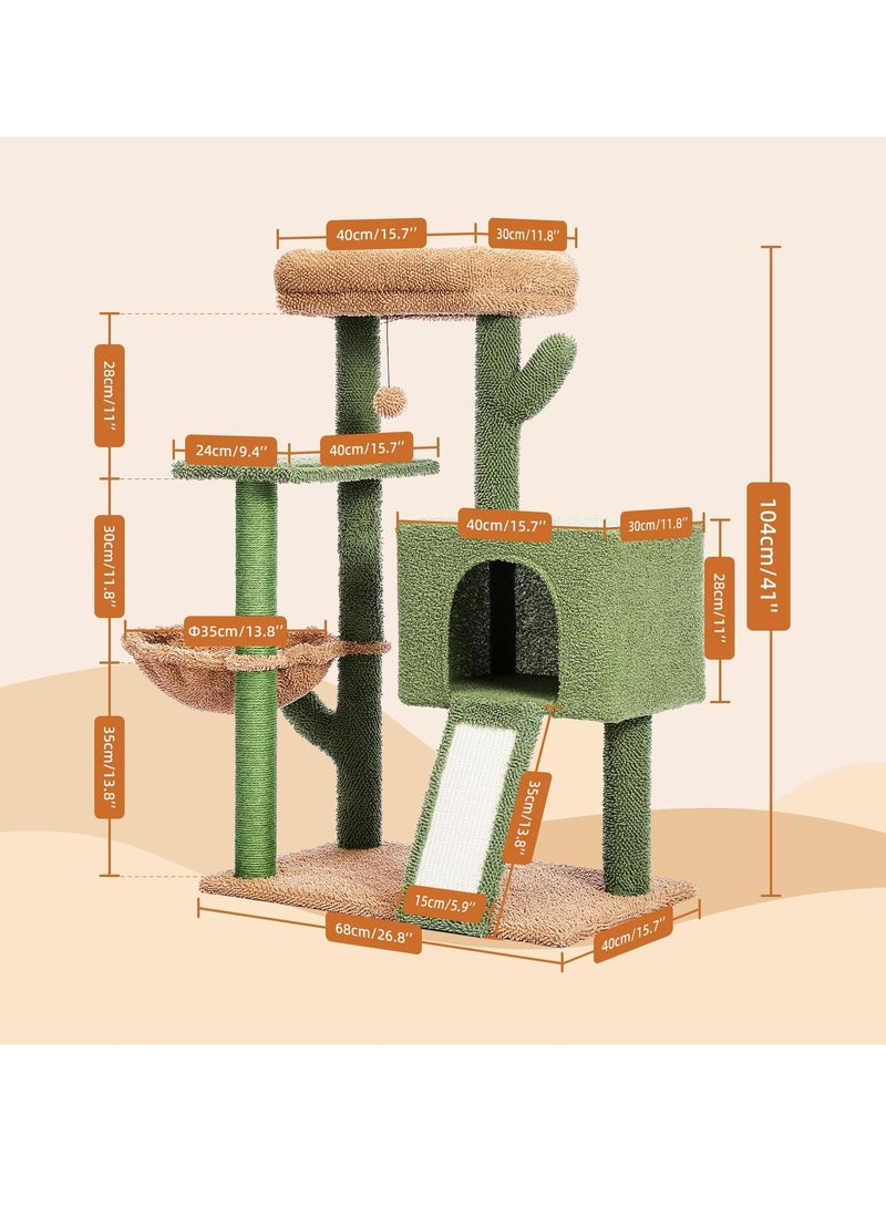 104 cm Cactus Cat Tower with Sisal Covered Scratching Post and Cozy Condo for Indoor Cats Cat Climbing Stand with Plush Perch & Soft Hammock for Multi Level Cat Play House 41
