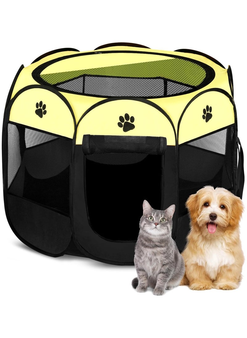 Octagonal Pet Dog And Cat House, Portable Kennel Puppy Bed House Foldable Tent Fence, Indoor Outdoor Use, Black And Brown, Pet Bed