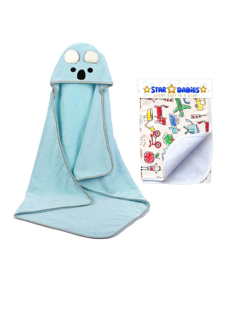 Star Babies -Combo Pack (Microfiber Hooded Towel with Reusable Changing mat Printed Blue) - Blue