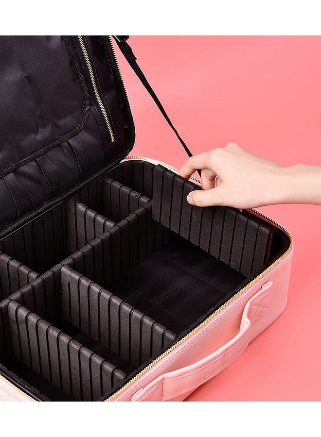 Professional Cosmetic Makeup Bag Waterproof Oxford Cloth Kit Storage Organizer Travel Toiletry Vanity Bag With Adjustable Compartment 26 X 23 X 10 Cm (Pink)
