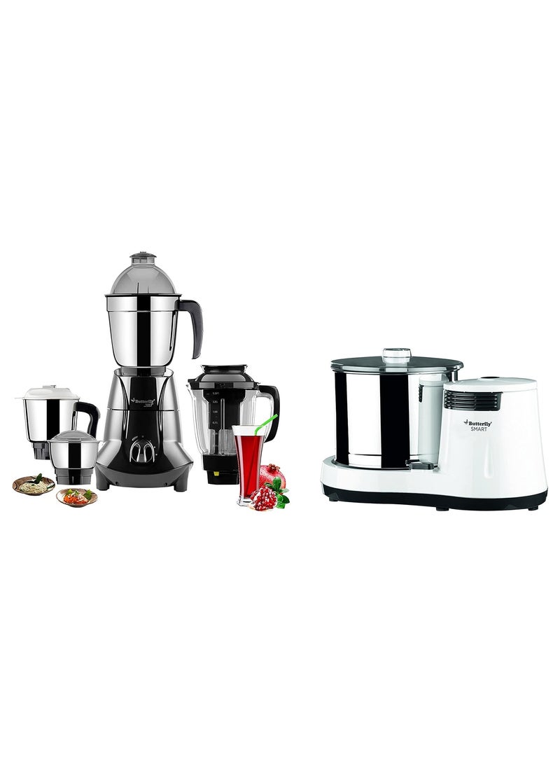 Butterfly 750 Watts Mixer Grinder With 4 Jars And Table Top Wet Grinder With Coconut Scrapper Attachment, Grey