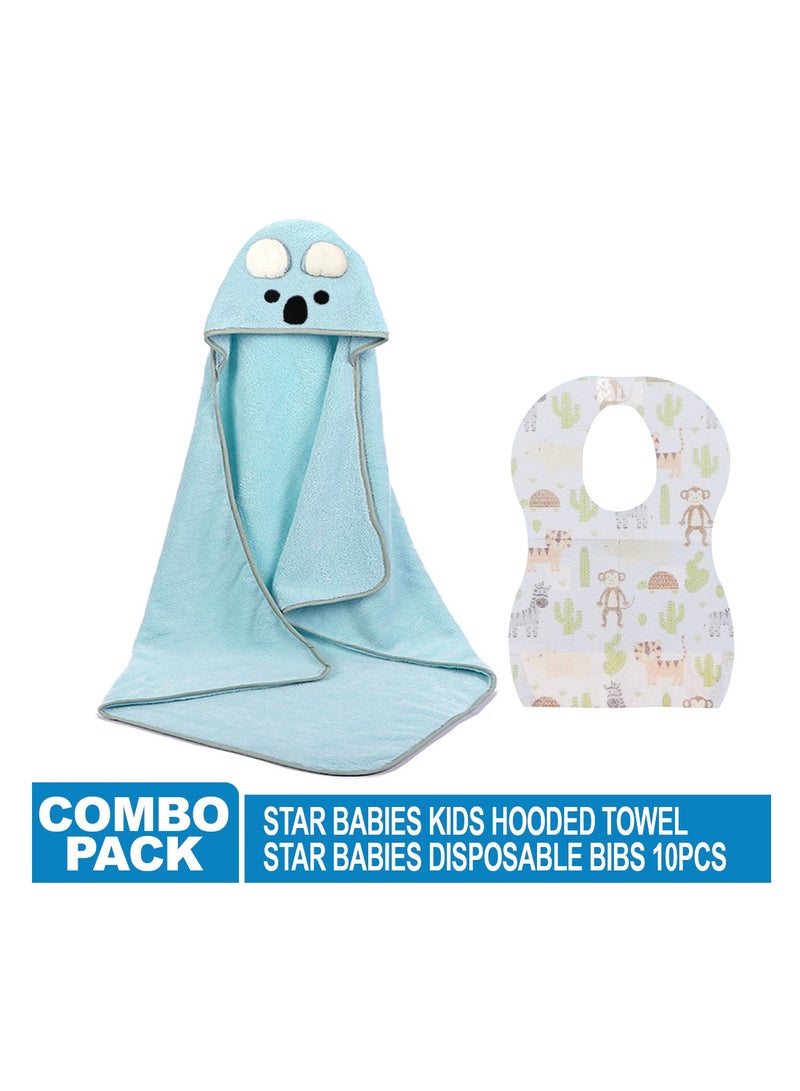 Star Babies -Combo Pack (Microfiber Hooded Towel with Disposable Bibs Pack of 10 Animal Print)-Blue