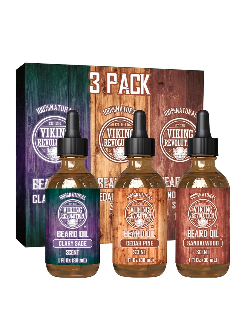 Viking Revolution beard oil conditioner 3 pack all natural variety set sandalwood pine & cedar clary sage conditioning and moisturizing for a healthy beard