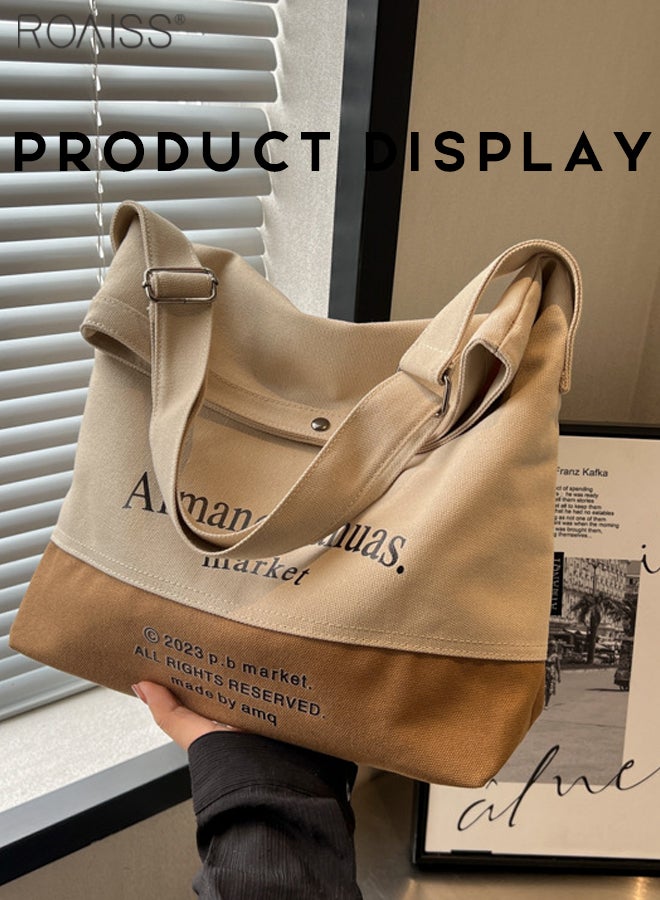 Large Capacity Canvas Tote Bag Women'S Daily Commuting Contrast Color English Print Flip Flap Adjustable Shoulder Strap Shoulder Bag