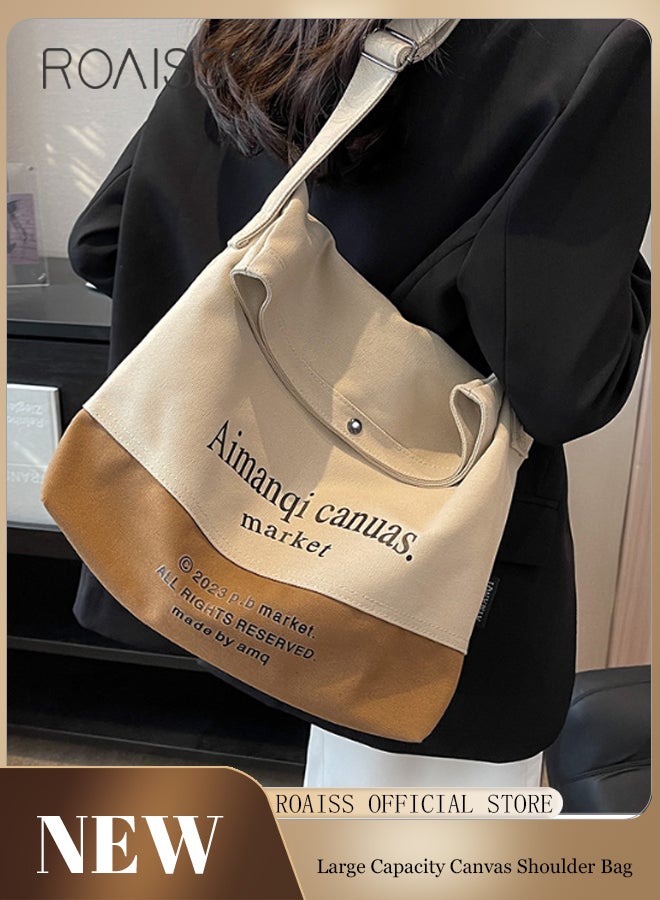 Large Capacity Canvas Tote Bag Women'S Daily Commuting Contrast Color English Print Flip Flap Adjustable Shoulder Strap Shoulder Bag