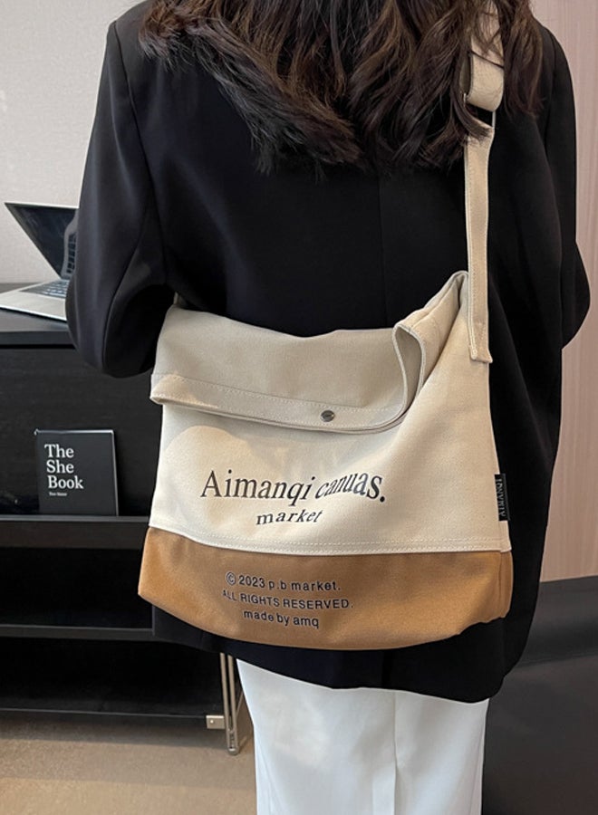 Large Capacity Canvas Tote Bag Women'S Daily Commuting Contrast Color English Print Flip Flap Adjustable Shoulder Strap Shoulder Bag