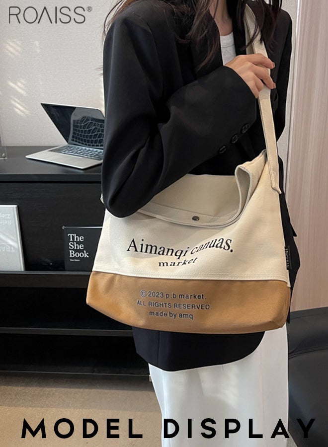 Large Capacity Canvas Tote Bag Women'S Daily Commuting Contrast Color English Print Flip Flap Adjustable Shoulder Strap Shoulder Bag