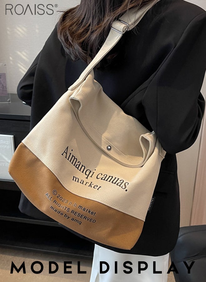 Large Capacity Canvas Tote Bag Women'S Daily Commuting Contrast Color English Print Flip Flap Adjustable Shoulder Strap Shoulder Bag