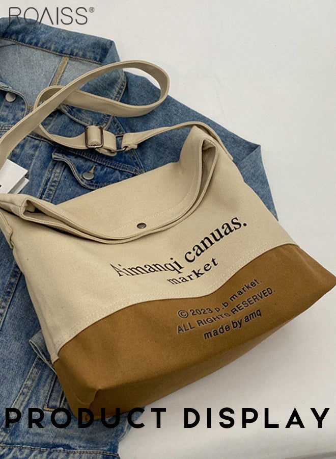 Large Capacity Canvas Tote Bag Women'S Daily Commuting Contrast Color English Print Flip Flap Adjustable Shoulder Strap Shoulder Bag